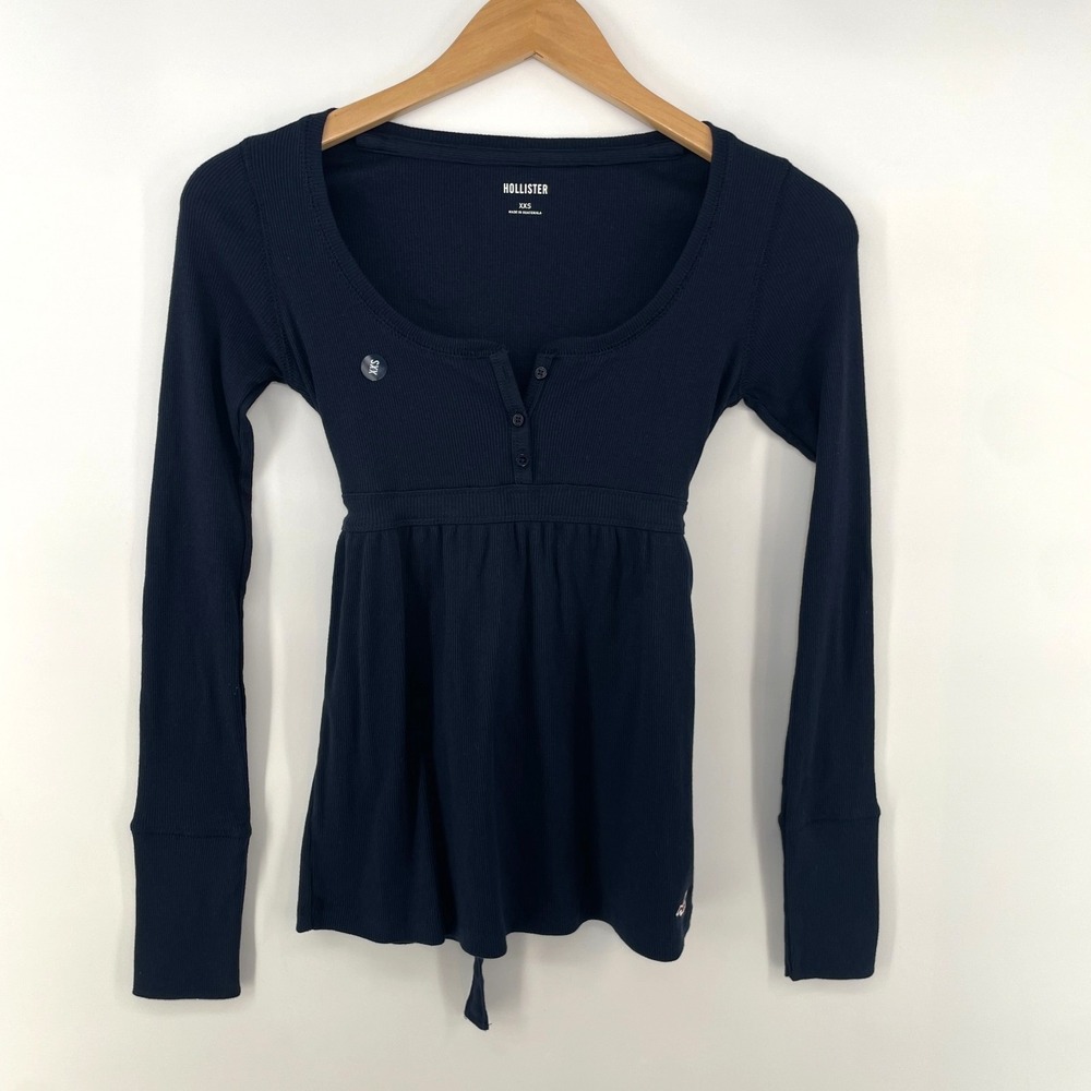 Hollister Babydoll Top Women XXS Navy Blue Henley Knit Y2K Fairy Grunge Tie